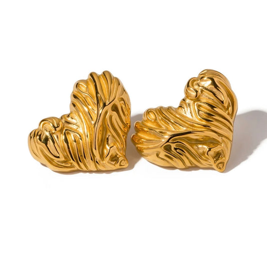 Vintage Chunky Large Heart Shaped Stud Earrings Waterproof Gold Stainless Steel Earrings