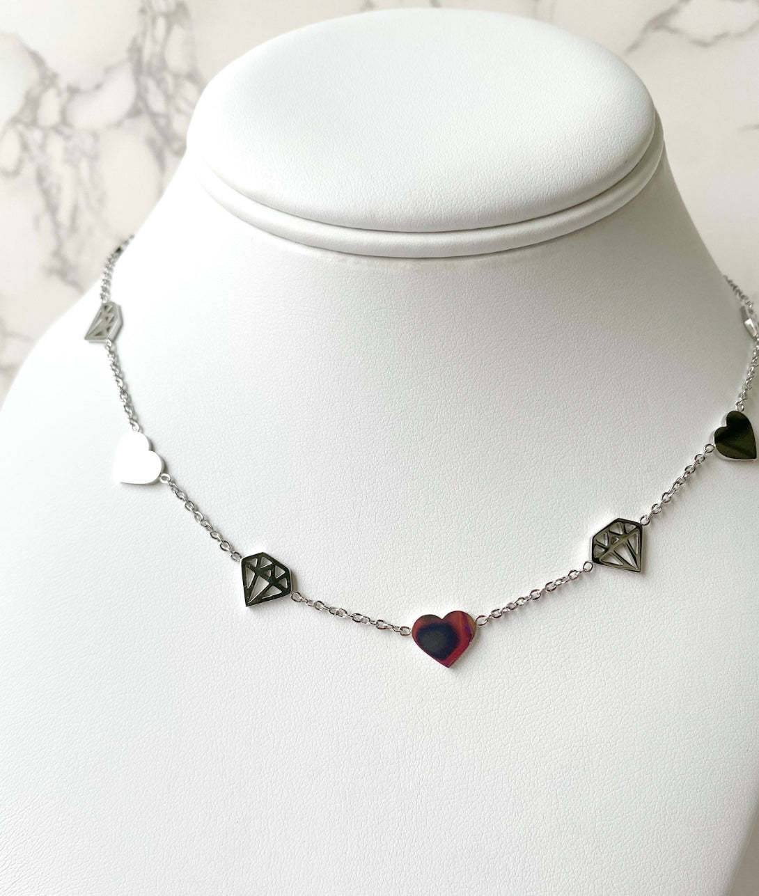 Silver  Heart  and Diamond Necklace