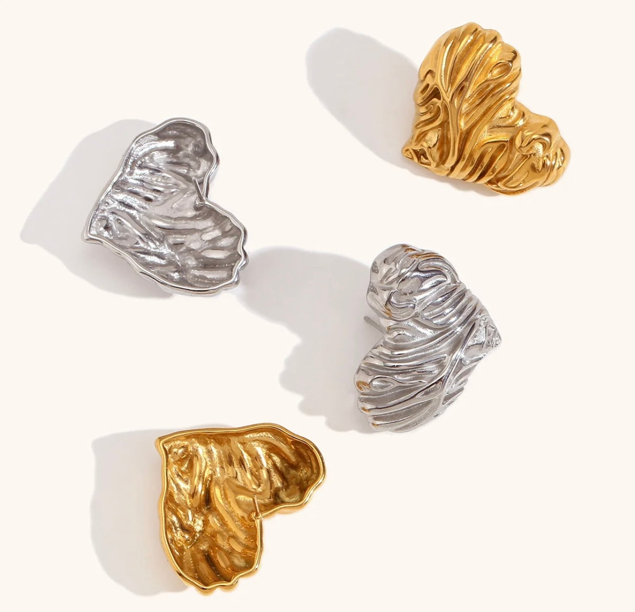 Vintage Chunky Large Heart Shaped Stud Earrings Waterproof Gold Stainless Steel Earrings