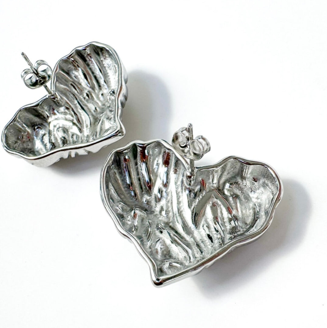 Vintage Chunky Large Heart Shaped Stud Earrings Waterproof Silver Stainless Steel Earrings