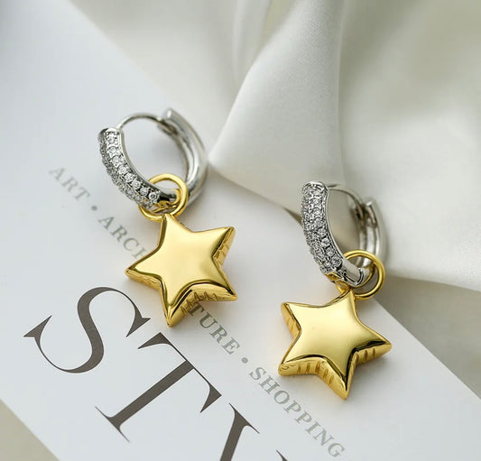 Star heart pendant drop earrings silver and Gold